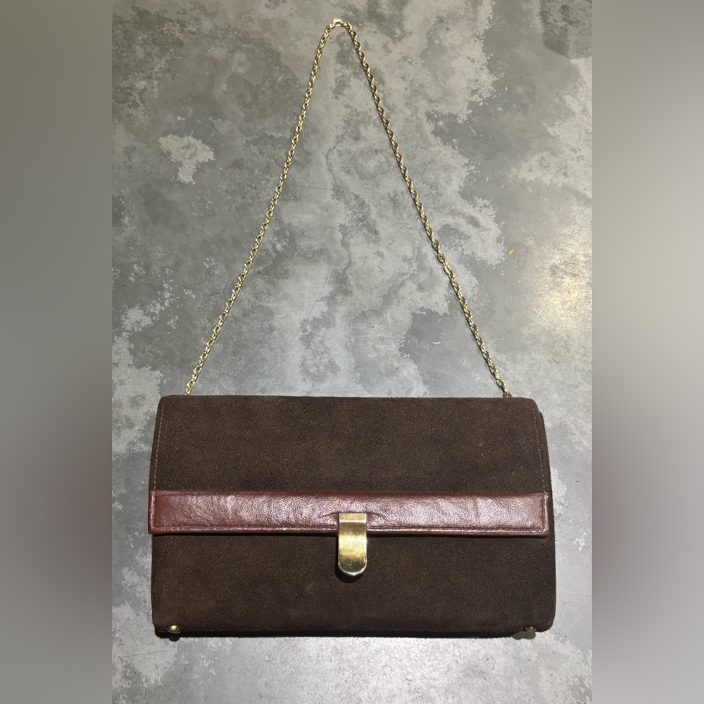 Vintage Crown Lewis Brown Suede Clutch with Gold Chain - Picture 9 of 10